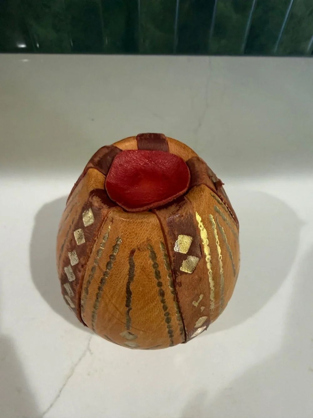 Vtg Leather Wrapped Egg Vase Tribal Décor